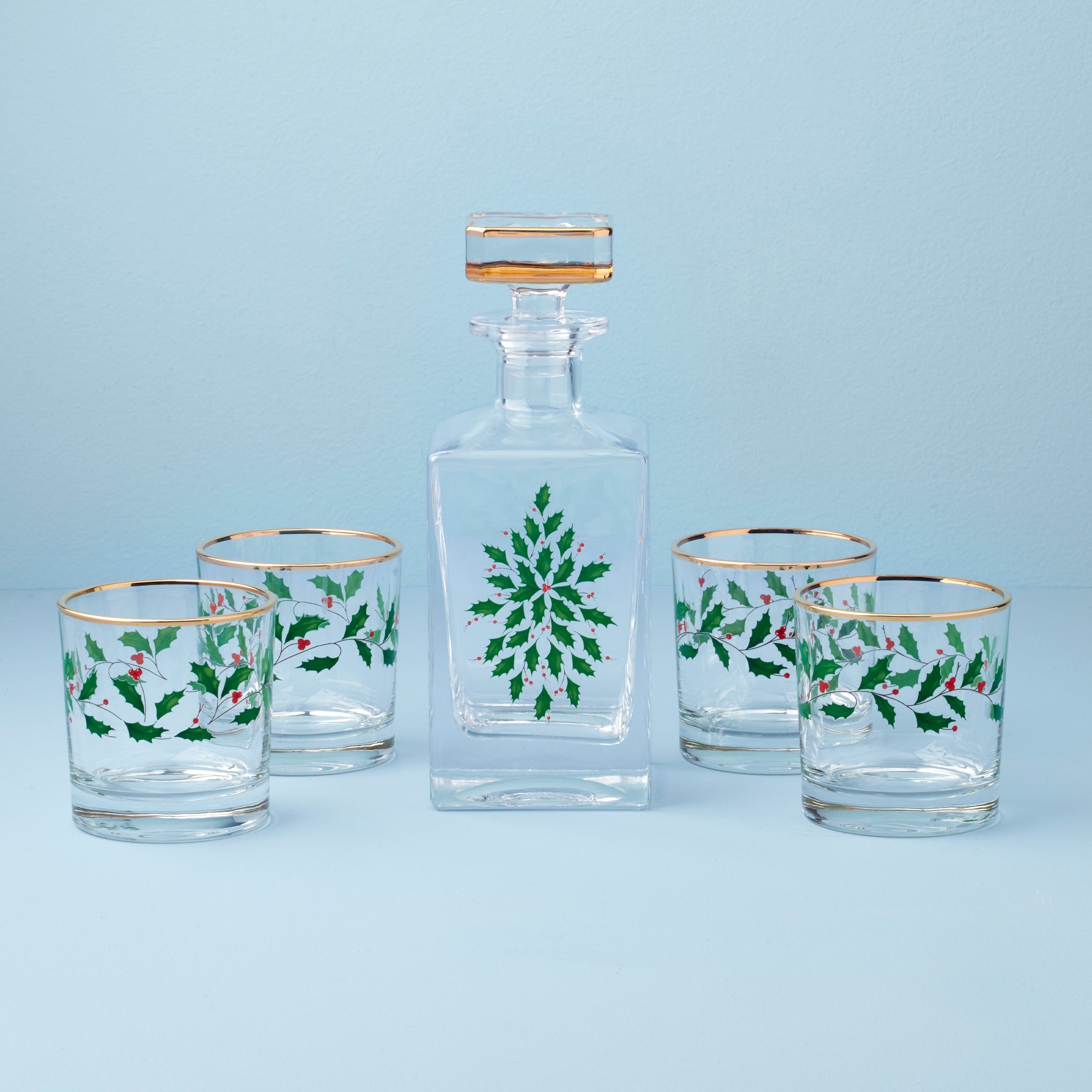 Holiday Holly & Berry Decanter and Whiskey Glass Set, 5-Piece